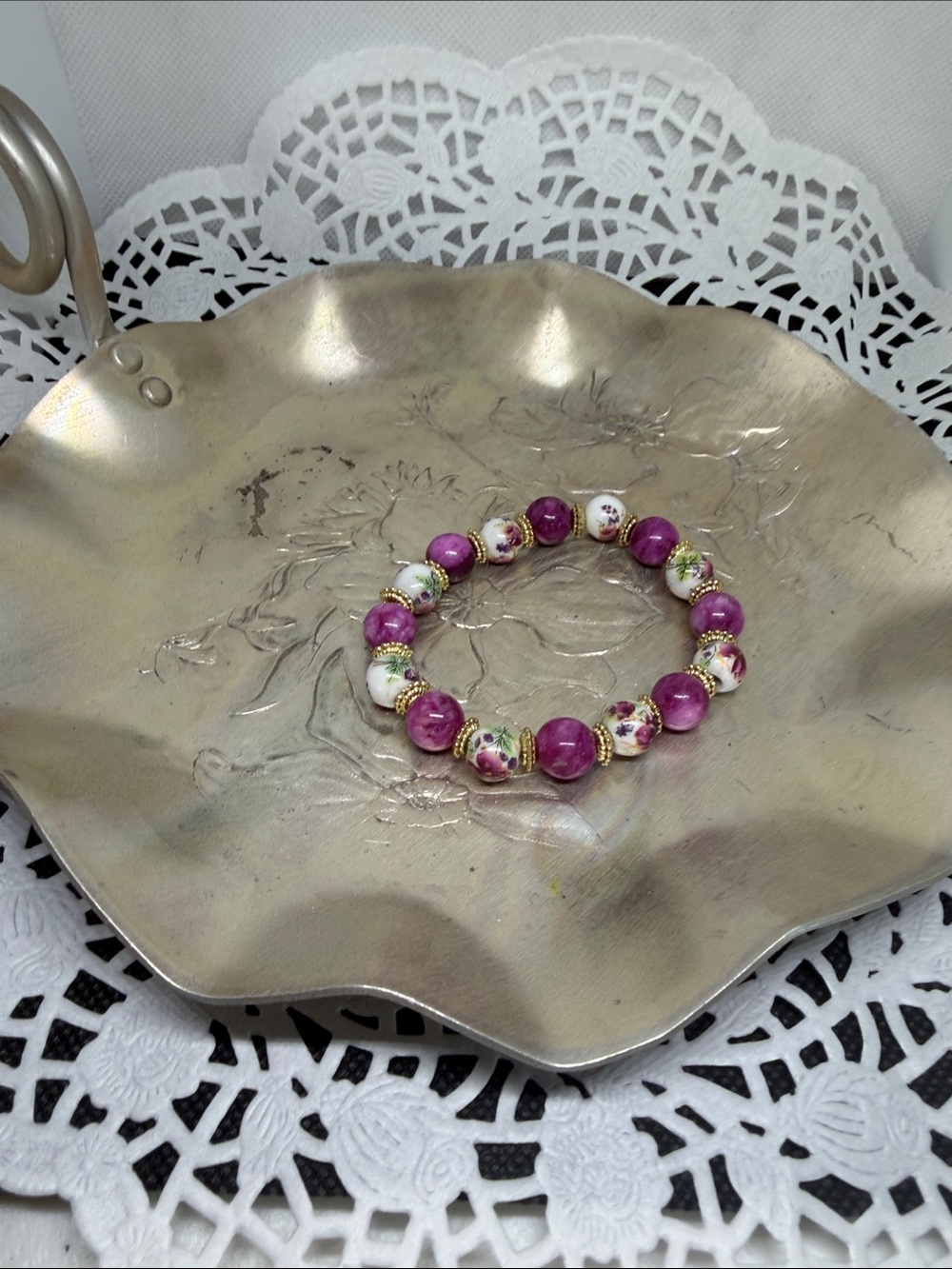 HEIRLOOM ROMANTIC Kunzite & Porcelain Bracelet French Countryside Boho - Picture 3 of 5